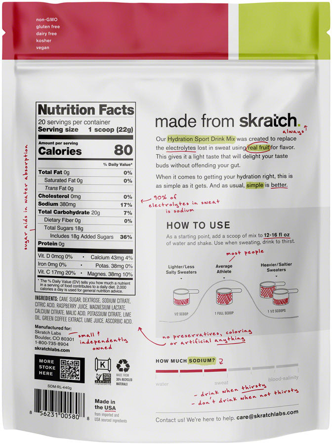 Load image into Gallery viewer, Skratch Labs Hydration Sport Drink Mix - Raspberry Limeade, With Caffiene, 20-Serving Resealable Pouch
