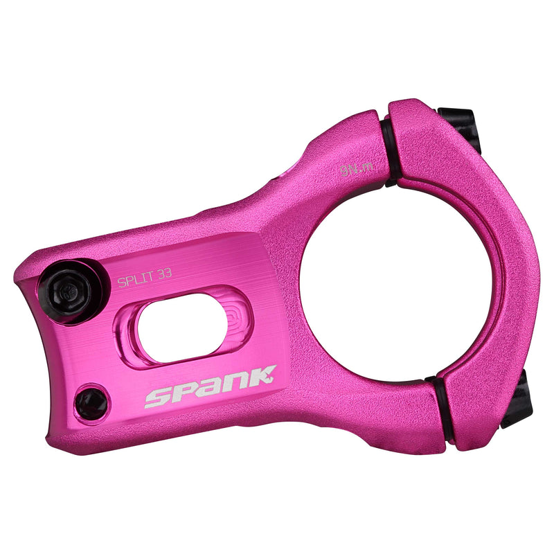Load image into Gallery viewer, SPANK SPLIT 33mm Pink Aluminum Bike Stem - Ultra-Short Stack Height, True 0 Rise, CNC 3D Forged MGR Alloy, Micro-Adjustable Fit, Chamfered Bar Clamp for All-Mountain, Enduro &amp; Trail Cycling
