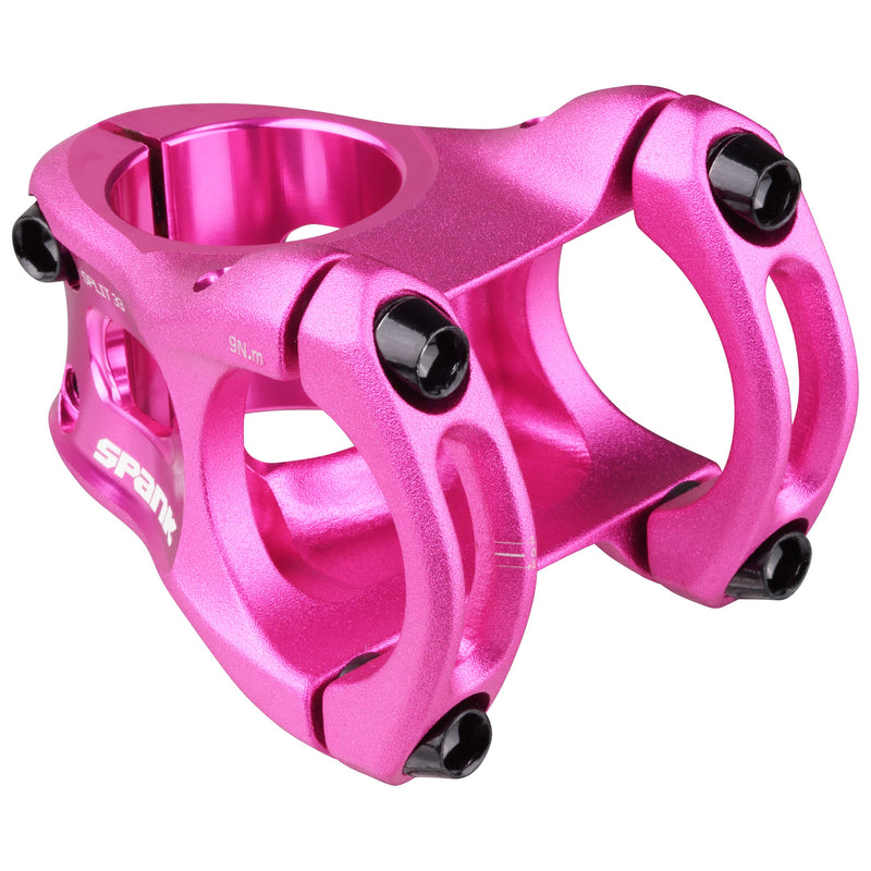 Load image into Gallery viewer, SPANK SPLIT 33mm Pink Aluminum Bike Stem - Ultra-Short Stack Height, True 0 Rise, CNC 3D Forged MGR Alloy, Micro-Adjustable Fit, Chamfered Bar Clamp for All-Mountain, Enduro &amp; Trail Cycling

