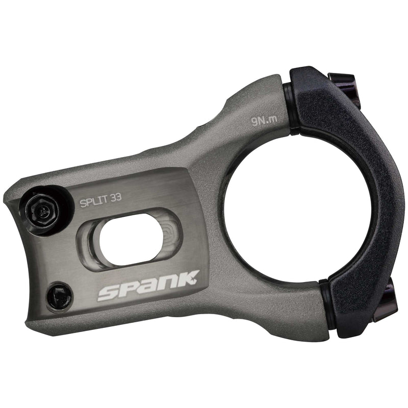 Load image into Gallery viewer, SPANK SPLIT 33mm Gun Metal Aluminum Mountain &amp; Enduro Stem - Lightweight, CNC Forged 6-Series Alloy with Micro-Adjust Fit, Zero-Rise, Chamfered Bar Clamp, and Optimized Single Crown Design for All-Mountain, Trail, E-Bike, and Enduro Riding
