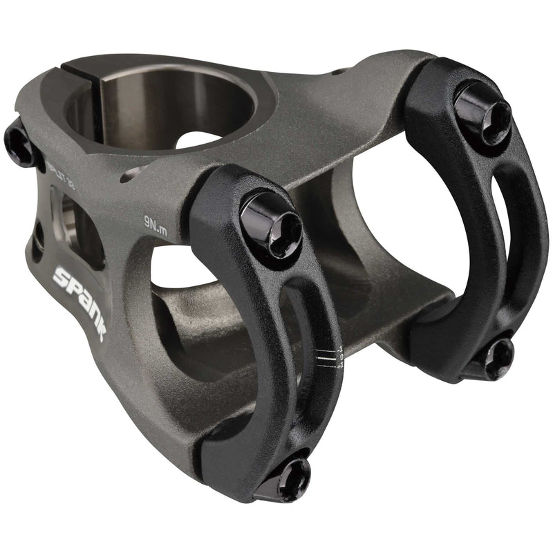 Load image into Gallery viewer, SPANK SPLIT 33mm Gun Metal Aluminum Mountain &amp; Enduro Stem - Lightweight, CNC Forged 6-Series Alloy with Micro-Adjust Fit, Zero-Rise, Chamfered Bar Clamp, and Optimized Single Crown Design for All-Mountain, Trail, E-Bike, and Enduro Riding
