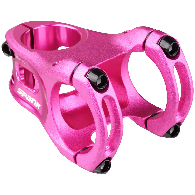 Load image into Gallery viewer, SPANK SPLIT 35mm Pink Aluminum MTB Stem - Ultra-Short Stack Height, Zero Degree Rise, Micro-Adjustable Fit, CNC 3D-Forged MGR Alloy, Trail and Enduro Compatibility, Lightweight &amp; Durable, Chamfered Bar Clamp for Increased Fatigue Resistance
