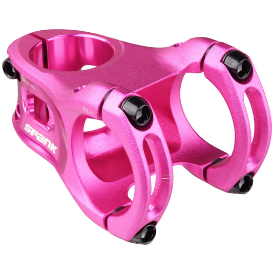 SPANK SPLIT 35mm Pink Aluminum MTB Stem - Ultra-Short Stack Height, Zero Degree Rise, Micro-Adjustable Fit, CNC 3D-Forged MGR Alloy, Trail and Enduro Compatibility, Lightweight & Durable, Chamfered Bar Clamp for Increased Fatigue Resistance