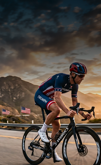 Cyclist riding a bicycle on a road with mountains and American flags in the background