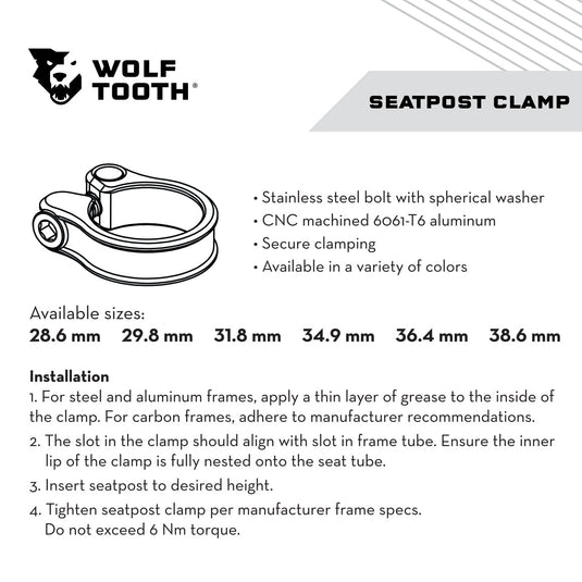 Wolf Tooth Seatpost Clamp - 28.6mm, Aluminum, 11mm Clamping M5 Bolt, Silver