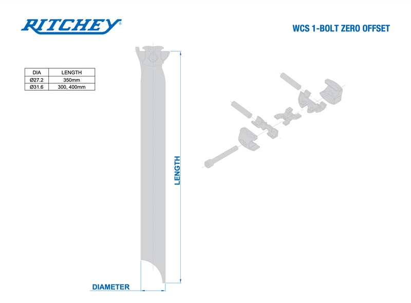 Load image into Gallery viewer, Ritchey WCS 1-Bolt Seatpost 27.2 350mm 0 Offset Matte Black SideBinder Clamp
